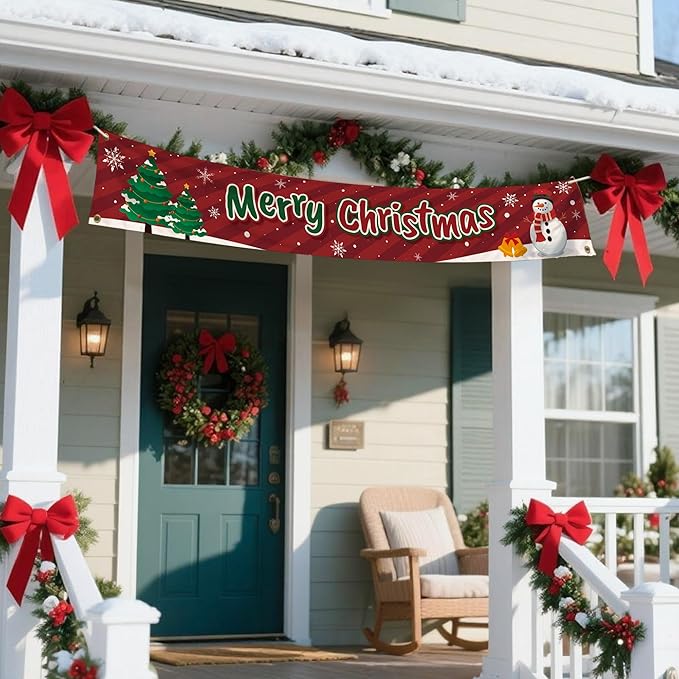 HOOSUN Christmas Decorations Outdoor Indoor,138 x 20 Inch Merry Christmas Banner for Outside,Large Xmas Tree Snowman Banners Yard Fence Decorations,Xmas Decor Banner for Fence,Proch,Wall,Party