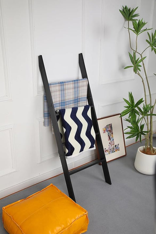 Blanket Ladder for Living Room and Bedroom, 4ft 4-Tier Wall Leaning Laminate Snag Free Construction (Black) Rustic Decorative Farmhouse Blanket Storage, Quilt Rack, Ladder Shelf, Easy Assembly