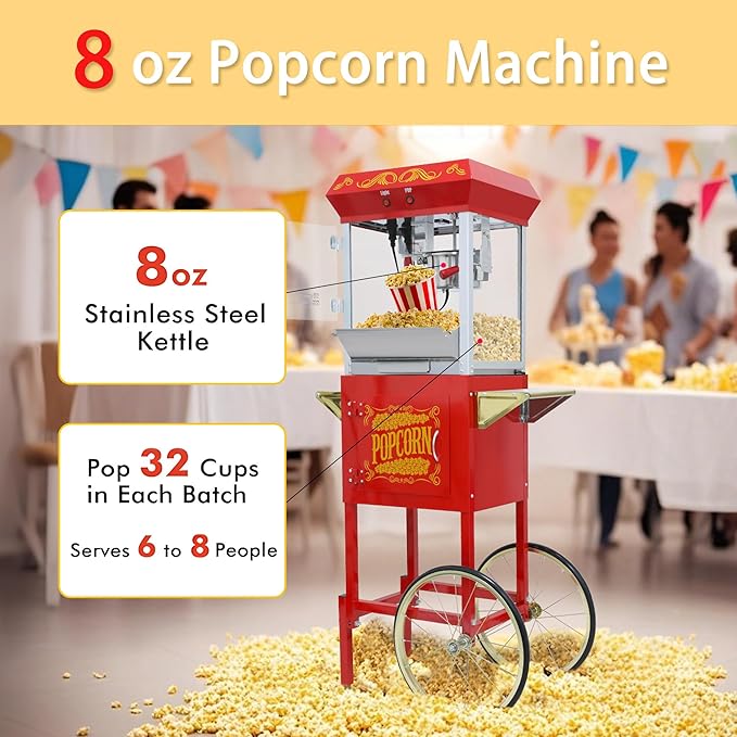 Vintage Commercial Popcorn Machine with Cart - 8oz Kettle for 32 Cups/Batch, with Warming Lamp, Glass View Door and Wheels for Home Theater and Parties (Red)