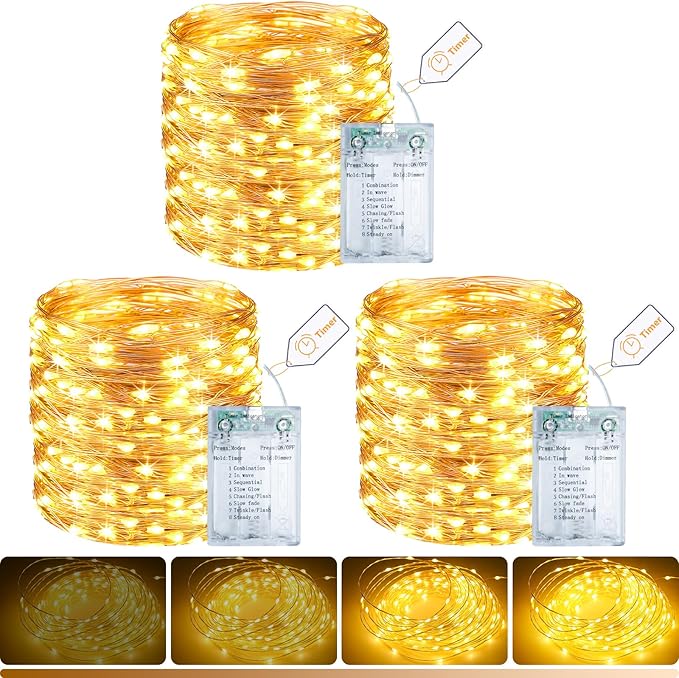 litogo 3 Pack Fairy Lights Battery Operated with Timer, 33FT 100LED Twinkle String Lights USB-C Powered 8 Modes Dimmable for Indoor Bedroom Centerpiece Wedding Classroom Dorm Christmas Decorations
