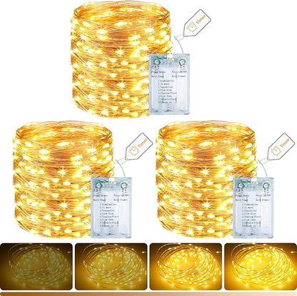 litogo 3 Pack Fairy Lights Battery Operated with Timer, 33FT 100LED Twinkle String Lights USB-C Powered 8 Modes Dimmable for Indoor Bedroom Centerpiece Wedding Classroom Dorm Christmas Decorations