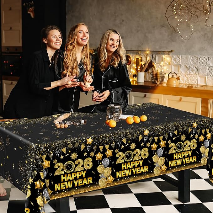 HAKOTI 3Pcs New Year Eve Tablecloth - Happy New Year Party Decorations 2026 Black Gold New Years Tablecloth Rectangular Plastic Table Cover for Cheers to 2026 New Years Eve Party