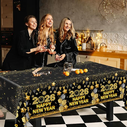HAKOTI 3Pcs New Year Eve Tablecloth - Happy New Year Party Decorations 2026 Black Gold New Years Tablecloth Rectangular Plastic Table Cover for Cheers to 2026 New Years Eve Party