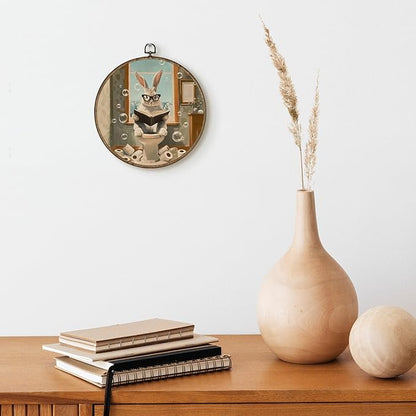 TLESKE Funny Bathroom Bunny Rabbit Round Wall Art Decor 10x10, Bunny Rabbit Sitting on Toilet Framed Canvas Wall Art Prints Artwork, Easter Bunny Wall Hanging Room Door Decor for Bathroom Toilet