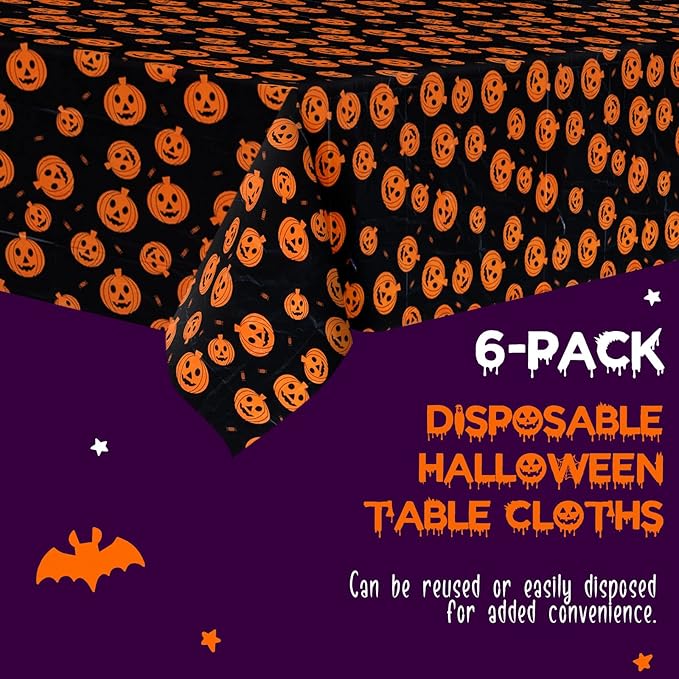 Halloween Tablecloth, 6-Pack Disposable Table Cloths, Pumpkins Plastic Covers, 54 x 108 Inches, Party Decorations