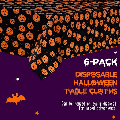 Halloween Tablecloth, 6-Pack Disposable Table Cloths, Pumpkins Plastic Covers, 54 x 108 Inches, Party Decorations