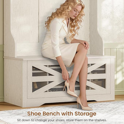 Itaar Hall Tree with Bench and Shoe Storage, 5-in-1 Entryway Bench with Coat Rack, 10 Shoe Cubbies & 9 Coat Hooks, Barn Door & Adjustable Shelf (Embossed White)