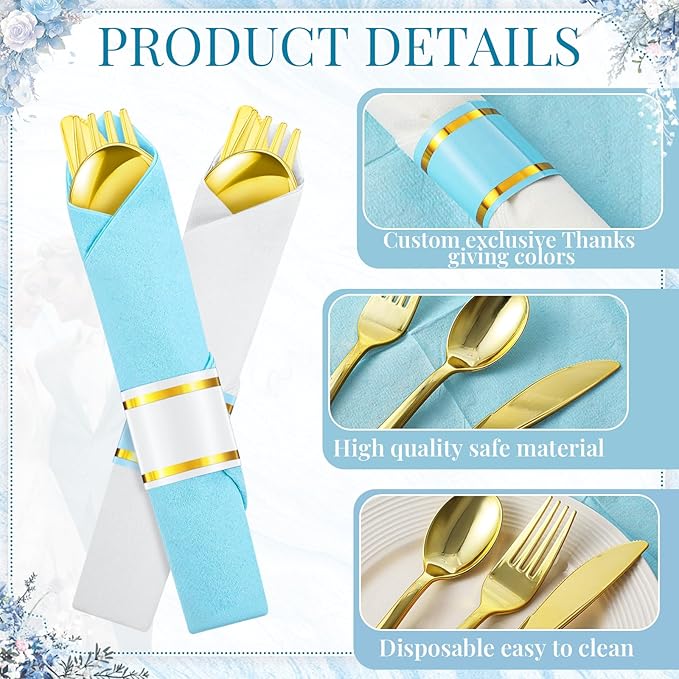 Lasnten 50 Pack Blue Pre Rolled Gold Plastic Silverware Set Disposable Wrapped Plastic Cutlery Set Include Blue and White Napkins Knives Spoons and Forks for Wedding Baby Shower Birthday Party