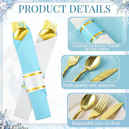 Lasnten 50 Pack Blue Pre Rolled Gold Plastic Silverware Set Disposable Wrapped Plastic Cutlery Set Include Blue and White Napkins Knives Spoons and Forks for Wedding Baby Shower Birthday Party