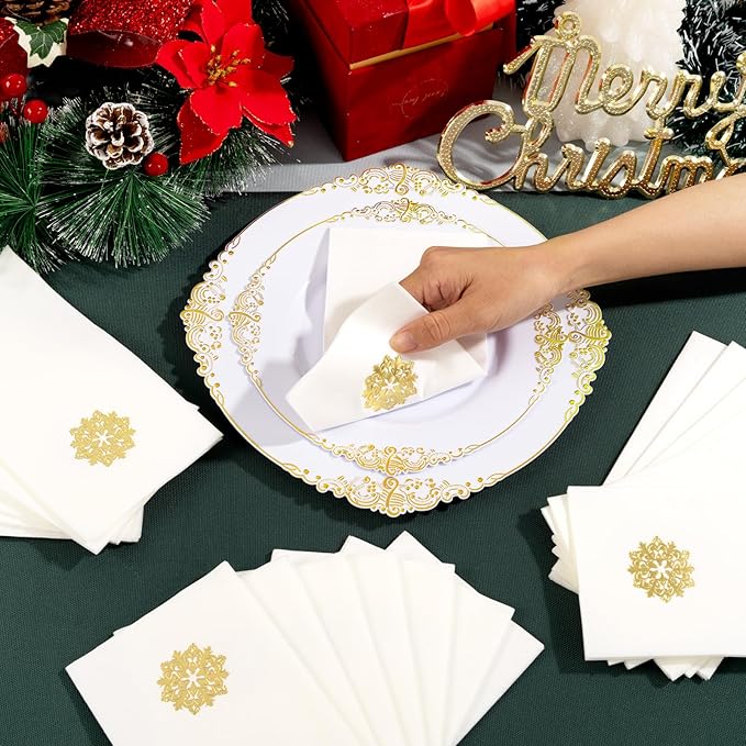 50 Pack Christmas Snowflake Paper Napkins - Cloth-like Christmas Disposable Hand Towels, Gold Premium Quality Xmas Dinner Napkin for Home Kitchen Table Bathroom Holiday Decor