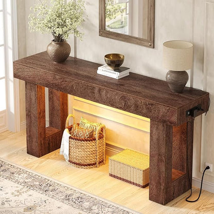Unikito 63'' Farmhouse Console Table with Power Outlets and Sensor Light, Wooden Entryway Table with Storage, Rectangular Sofa Tables Behind The Couch for Entrance, Hallway, Living Room,