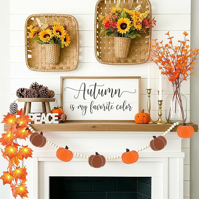 2 Pcs Fall Decorations for Home Felt Pumpkin & Wood Bead Garlands with Maple Leaf Lights for Mantel Ideal for Fall Thanksgiving Halloween and Holiday Decor