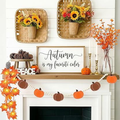 2 Pcs Fall Decorations for Home Felt Pumpkin & Wood Bead Garlands with Maple Leaf Lights for Mantel Ideal for Fall Thanksgiving Halloween and Holiday Decor