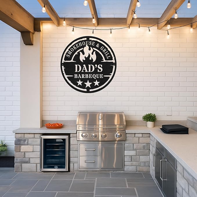 Custom BBQ Kitchen Metal Sign, Personalized Grill Name Cut Wall Decor for Outdoor Cooking Space, Rustic Backyard Gift