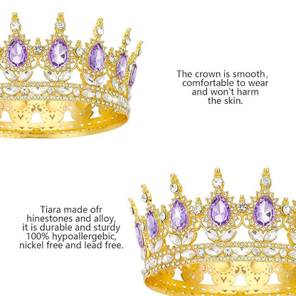 Queen Rhinestone Wedding Crown and Tiara for Women - Costume Party Hair Accessories, Princess Birthday Crystal Bridal Crown (Golden Purple)