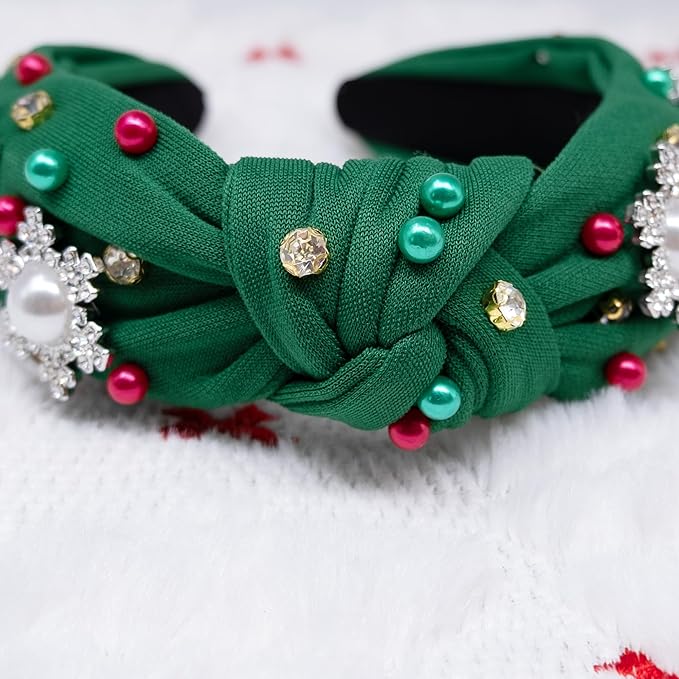 pVq Christmas Headband for Women Knotted Headband with Christmas Tree Crystal Pearl Snowflake Ribbon Xmas Holiday Hairband (Snowflakes - Green, One Size)