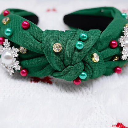 pVq Christmas Headband for Women Knotted Headband with Christmas Tree Crystal Pearl Snowflake Ribbon Xmas Holiday Hairband (Snowflakes - Green, One Size)