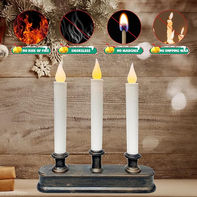 GOOTHY Battery-Operated LED Window Candles with Sensor Dusk to Dawn, 3 Lights Christmas Window Candles with Flickering Flameless LED Lights, 9'' Flameless Taper Candle for Table Home Christmas Decor