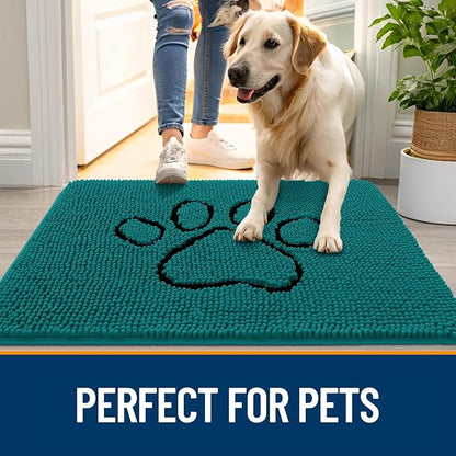 OLANLY Dog Door Mat for Muddy Paws 48x30, Paw Print Design, Absorbs Moisture and Dirt, Absorbent Non-Slip Washable Doormat, Quick Dry Chenille Mud Mat for Dogs, Entry Indoor Entryway Carpet, Lake Blue