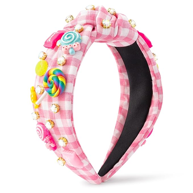 PANTIDE Candy Jeweled Knotted Headband - Christmas Rainbow Lollipop Rhinestone Embellished Preppy Headband Non Slip Wide Top Knot Hairband Accessories Birthday Gift for Women Girls (Pink Plaid)