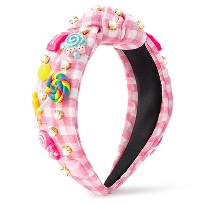 PANTIDE Candy Jeweled Knotted Headband - Christmas Rainbow Lollipop Rhinestone Embellished Preppy Headband Non Slip Wide Top Knot Hairband Accessories Birthday Gift for Women Girls (Pink Plaid)