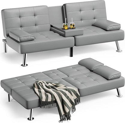 Homall Futon Sofa Bed, Leather Futon Couch with Removable Armrests, Adjustable Recliner Sleeper Sofa Bed with Dual Cup Holders for Living Room, Apartment, Office (Gray)