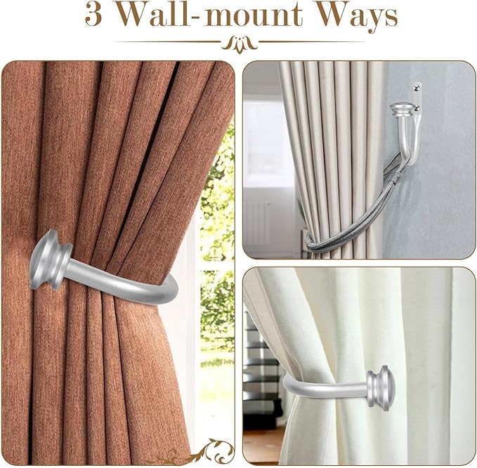 TONIAL Curtain Holdbacks 2 Pack, Decorative Window Drapery Tiebacks for Wall with Small Finials (1 Pair/2 Pack), Silver