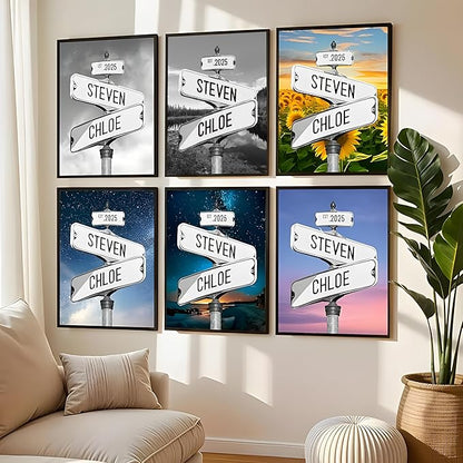 Personalized Vintage Street Sign For Couples, Custom Street Sign Canvas Poster Wall Art With Names, Gift For Valentine