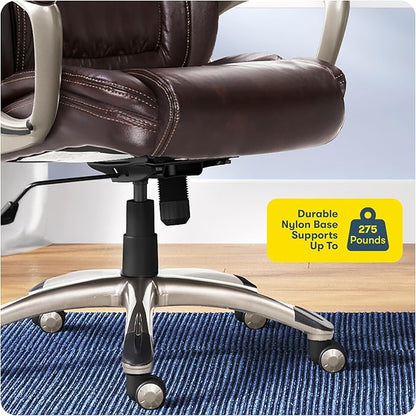 Serta Garret Executive Office Chair, Ergonomic Mid-Back with Lumbar Support, Semi-Plush Cushion and Body Pillows, Padded Armrests, Swivel Base, Bonded Leather, Brown