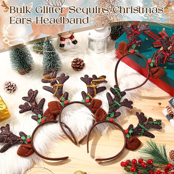 Zubebe 36 Pcs Christmas Reindeer Antlers Headband Deer Antlers Ears Hairbands with Glitter Sequins Christmas Photo Booth Props for Party Favors Cosplay Costume Supplies