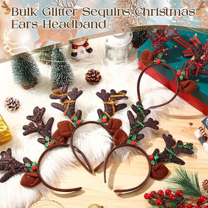 Zubebe 36 Pcs Christmas Reindeer Antlers Headband Deer Antlers Ears Hairbands with Glitter Sequins Christmas Photo Booth Props for Party Favors Cosplay Costume Supplies