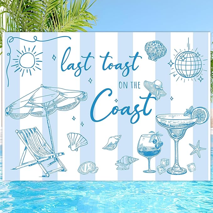 Last Toast on The Coast Backdrop 7 x 5 Ft Summer Beach Photography Background Banner Blue Champagne Bachelorette Party Photo Prop for Bachelorette Bridal Shower Engagement Party Decor