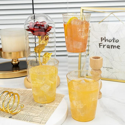 I00000 100 Pack 10oz Gold Plastic Cups, Premium Disposable Gold Glitter Plastic Cups for Martini and Cocktail,Hard Clear Cup with Gold Glitter Perfect for Fancy Wedding and Elegant Party