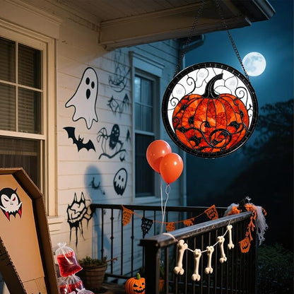 Stained Glass Window Hanging - Halloween Red White Scary Pumpkin Suncatcher for Doors Garden Home Spooky Rattan Sun Catchers Gothic Decor Horror Gifts for Women Men Friend Boy Girl 6.3 in