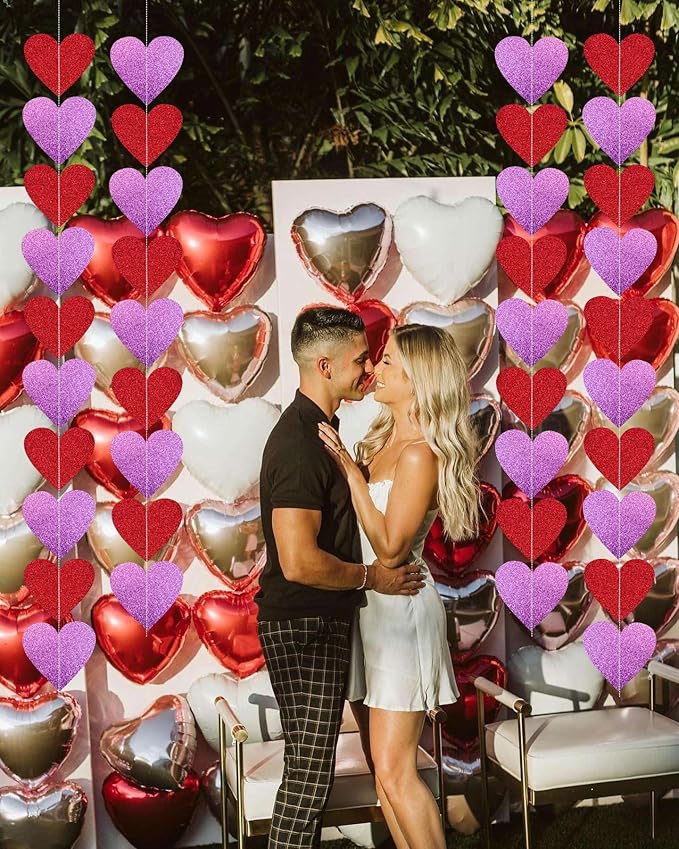 6 Pack Pre-Strung Glitter Heart Galand Banners,Valentines Day Red Pink Heart Hanging String Garland - Valentines Day Decor,Valentines Day Decorations for Valentines Day Wedding Engagement Decorations
