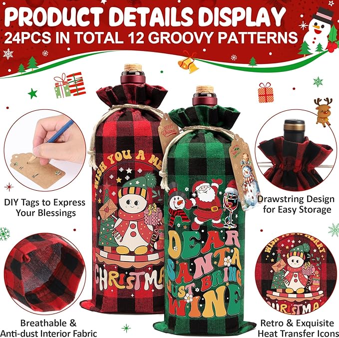 24PCS Burlap Wine Bag Christmas Wine Gift Bags, Drawstring Retro Christmas Bottle Cover Gift Bag w/ Tag, Buffalo Plaid Wines Bags for Bottles Gifts Reusable Bottle Covers for Xmas Holiday Party Decor