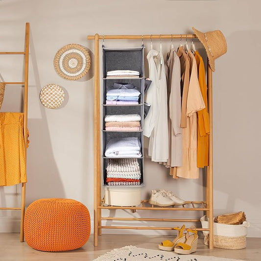 BOOMIBOO Hanging Closet Organize and Shelves，5-Hanging Shelf with 2 Side Pockets，Storage Foldable （2 Pack ，Beige）