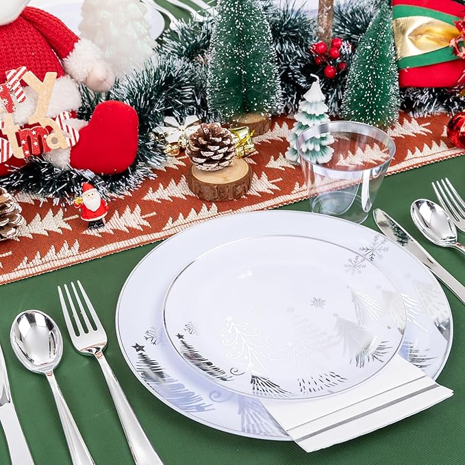 Liacere 175PCS - Silver Christmas tree Plastic Plates-Christmas and Napkins Sets Include 50 Plastic Plates,75 Silver Silverware，25 Cups 25 Napkins