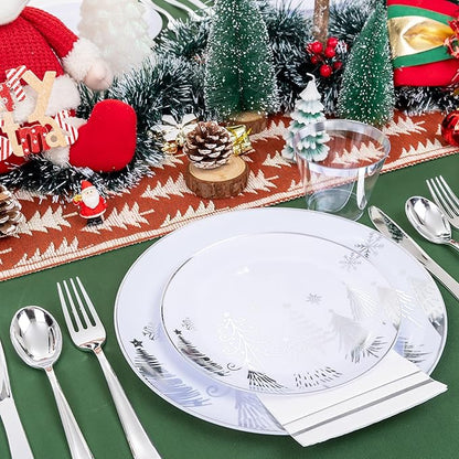 Liacere 175PCS - Silver Christmas tree Plastic Plates-Christmas and Napkins Sets Include 50 Plastic Plates,75 Silver Silverware，25 Cups 25 Napkins