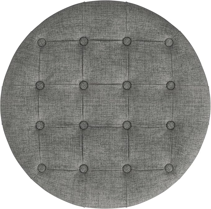 Homepop Home Decor |Button Tufted Woven Round Storage Ottoman | Ottoman with Storage for Living Room & Bedroom (Gray Woven)
