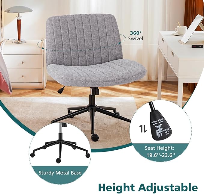 OLIXIS Criss Cross Chair with Wheels Wide Cross Legged Office Desk Vanity Chair Comfy Fabric Armless Adjustable Swivel for Home Computer Task Gray