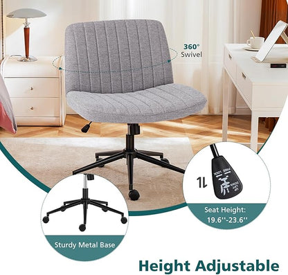 OLIXIS Criss Cross Chair with Wheels Wide Cross Legged Office Desk Vanity Chair Comfy Fabric Armless Adjustable Swivel for Home Computer Task Gray