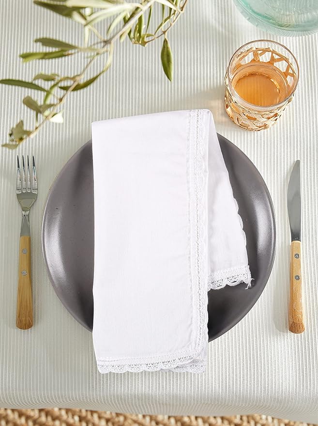 Cloth Napkins Reusable White Christmas Cloth Dinner Napkins Set of 4 Cotton Flax Fabric Oversized 20x20 Inches Cloth Napkins with Lace for Parties Wedding Cocktail Napkins Thanksgiving Decor