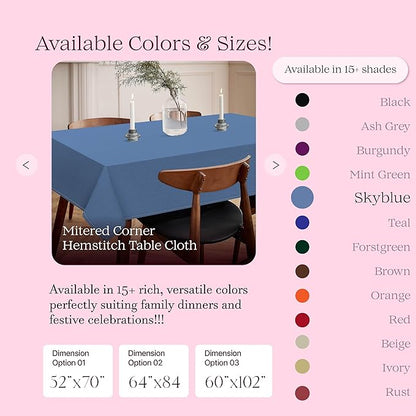 Sky Blue Cotton Tablecloth, Table Cloth 52x70 Inch, Fits 4-6 Seats, Soft, Durable, Washable, Wrinkle Resistant, Rectangle Table Cover for Dining, Baby Showers, Spring Celebrations