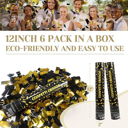 Black gold Confetti Poppers,6pack 12inch Confetti Wands For Birthday,Indoor Wedding,Party,Celebrations,Photo Shoots and New Year (Black gold 6Pack)