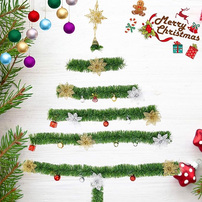 4 Pack 50 Foot Soft Christmas Garland, Non-lit Christmas Garland Ideal for Indoor and Outdoor Decor, Green Tinsel Garland for Holiday Wedding Party Decoration