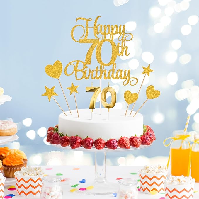 70th Birthday Cake Decorations, 70th Birthday Candles Cake Numeral Candles and Glitter Happy 70th Birthday Cake Toppers Set for Birthday Party Supplies (Gold)