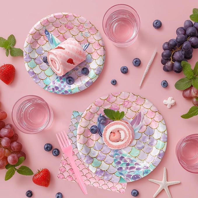96pcs Mermaid Plates and Napkins Under the Sea Paper Plates Mermaid Fishtail Disposable Tableware Set for 24 Guests Baby Shower Wedding Birthday Party Supplies Decorations
