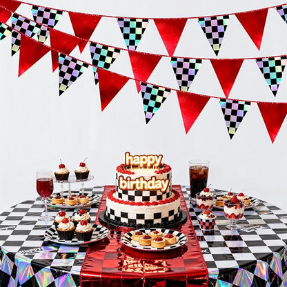 Racing Party Decorations Iridescent Checkered Red Pennant Banner Flag Hanging Paper Triangle Bunting for Kid Boy Men Race Fans Birthday Baby Shower Monster Truck Race Car Party Decorations Supplies