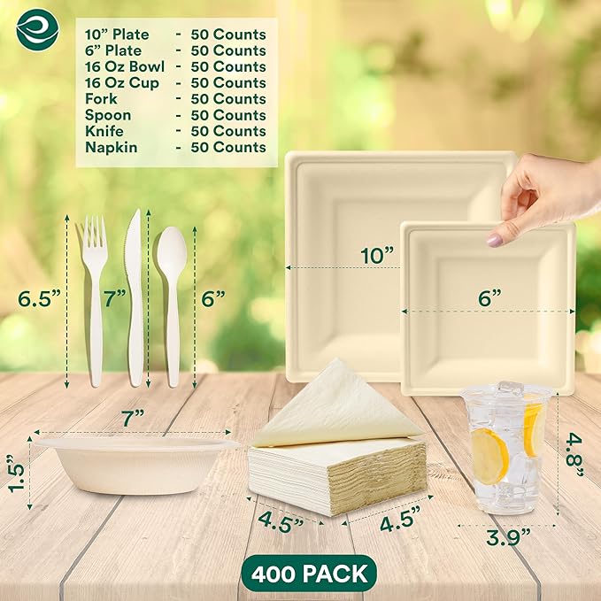 ECO SOUL 400 Pcs Compostable Dinnerware Set For 50 Guests, 50 Pcs Each Of Eco-Friendly White Disposable Paper Plates Of 10"" & 6"", Cutlery, Napkins, 16 oz Bowls & 16 oz Cups Set For Party & Picnic